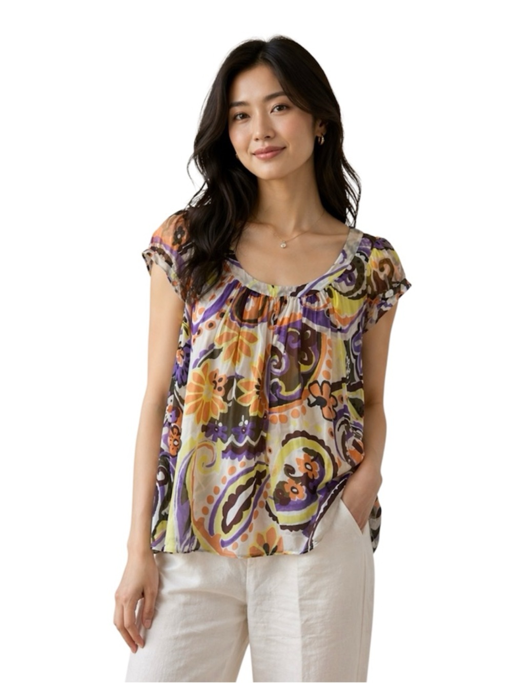 Milly of New York Cap Sleeve Silk Lined Top Blouse Size 10 Paisley Floral
